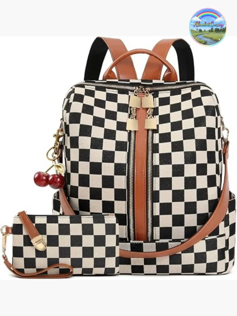 Small Checkered Backpack Purse for Women Canvas PU Leather Travel Daypack